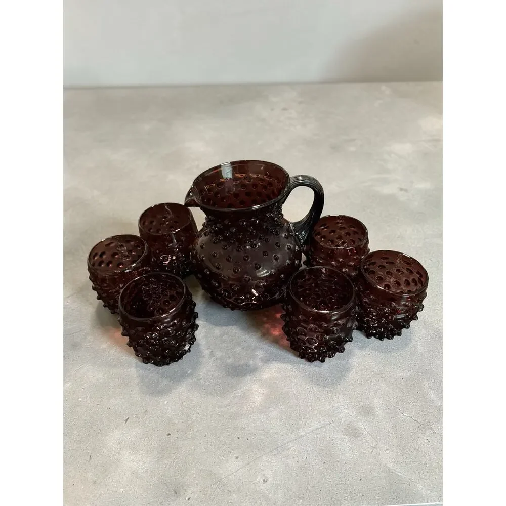 Vintage Amethyst Hobnail Glass Pitcher & Tumbler Set (7-Piece)
